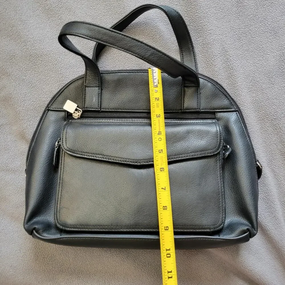 Genuine Black Pebbled Leather Vintage Style Organizer Handbag Multi Pocket‎